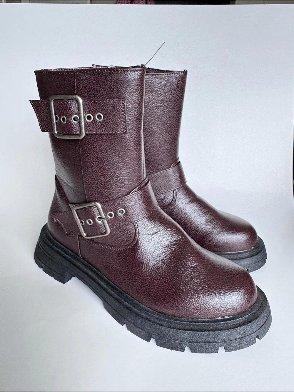 WILD DIVA Buckle Combat Boots in Burgundy Like New